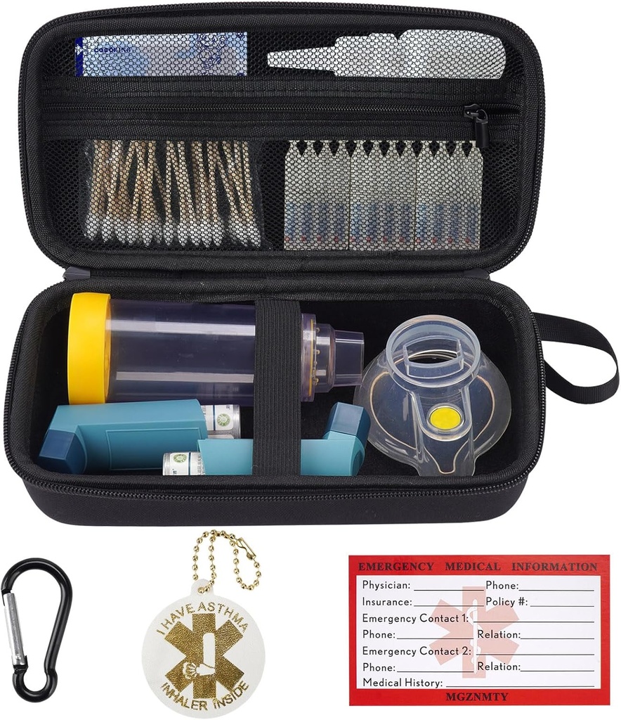 MGZNMTY Travel Carrying Case Compatibile con Asthma Inhaler Spacer per adulti e bambini, maschere, Inhaler Holder con Asthma Alert Tag e Medical Card, Carabiner (Solo caso) (nero)