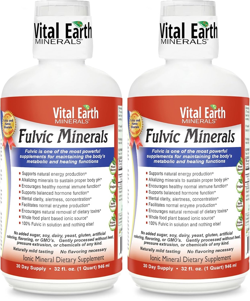 Minerali di Terra Vitale Liquido Minerali Fulvici – Supplemento di Acido Fulvico con 70+ Minerali di Trace, Elettroliti per Energia & Vitalità, 32 Oz Ea + 1 Oz Cup