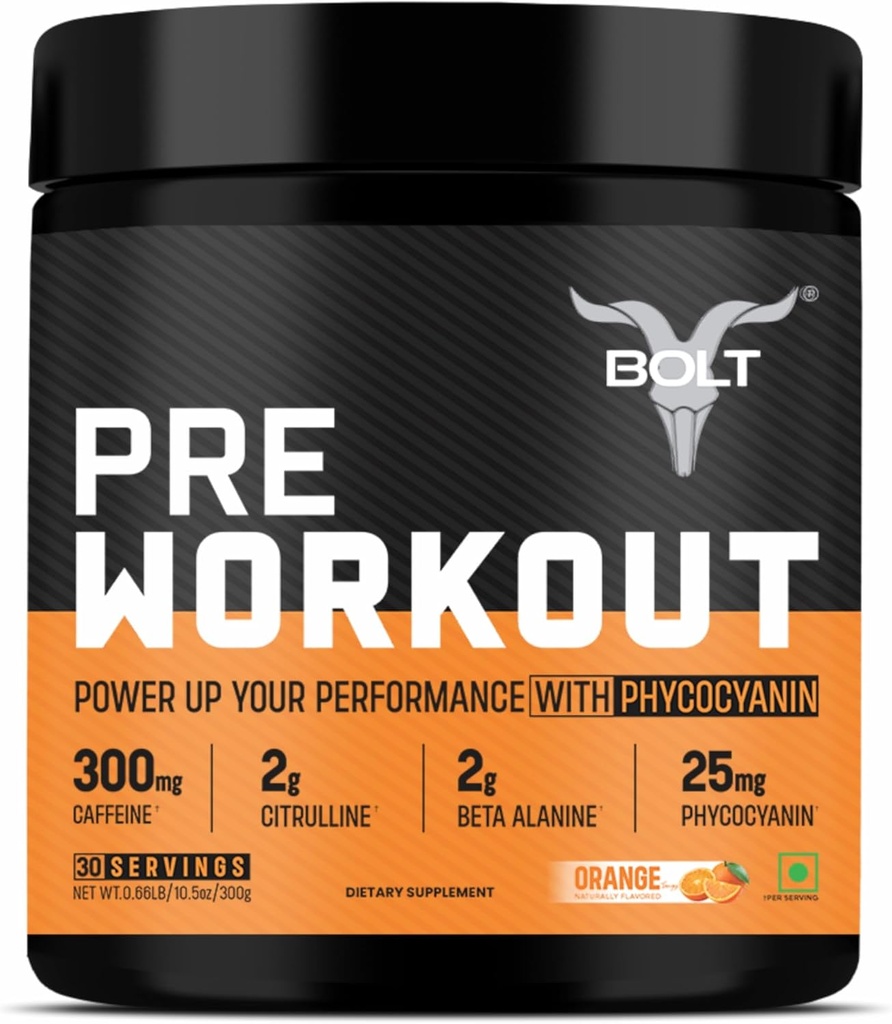 Bolt Pre Workout Supplement con Caffeina, Citrulline Malate, B-Alanine, Taurine | Energia esplosiva, Pompa & Focus |300g,30 Serve | Arancione Tangy