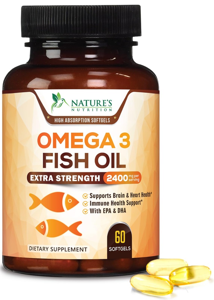 Omega 3 Fish Oil 2400 mg – Triple Strength EPA & DHA Grassty Acids for Heart, Brain & Joint Support – Wild-Caught, Burpless, Lemon Flavor Supplement – Natural, Non-GMO, Gluten-Free – 60 Softgels