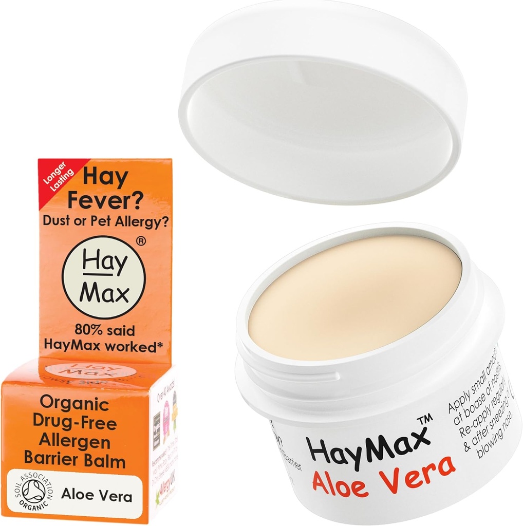 HayMax Allergeni Barrier Balm - Aloe Vera 0.17 fl oz - Organic, Natural & Non-Drowsy Hay Fever & Allergy Relief Balm - Blocchi Polline e altre Particelle Allergeni - Grande per adulti, bambini e donne incinte
