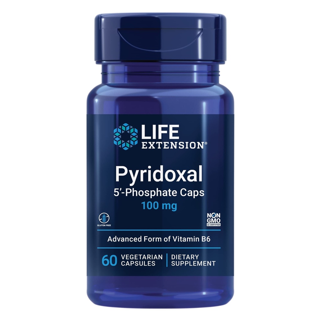 Prolungamento della vita Pyridoxal 5'-Phosphate Caps—Vitamina B6, 100 mg, Bioattiva B6 per la salute cardiovascolare, rene e nervi —Gluten-Free, Non-OGM, Vegetariano—60 capsule vegetariane