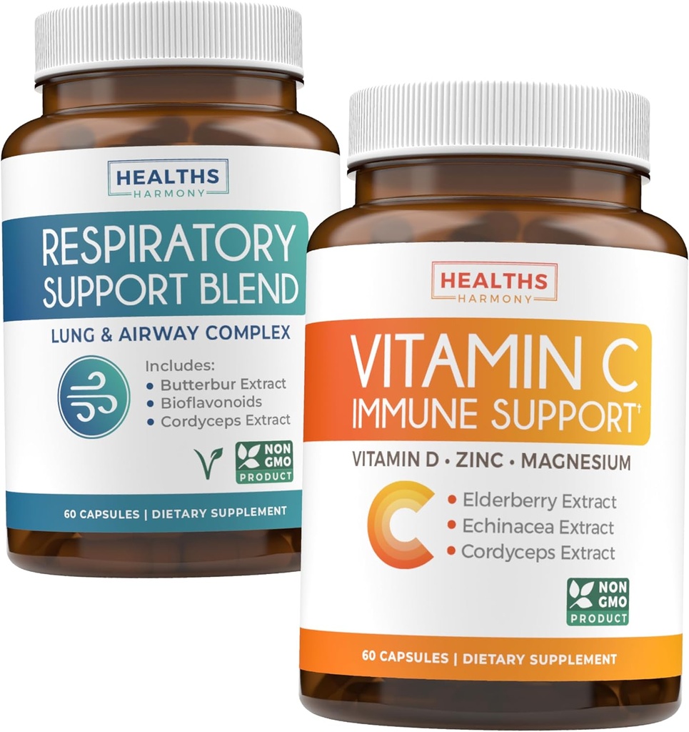 Respiratorio & Vitamina C (1-Month di alimentazione) Respirare Facile Bundle - Supporto respiratorio Pulitura polmonare profonda per la salute delle vie aeree (60 Caps) & Vitamina C Integratore di supporto immunitario - Immunity Boost Blend (60 Caps)