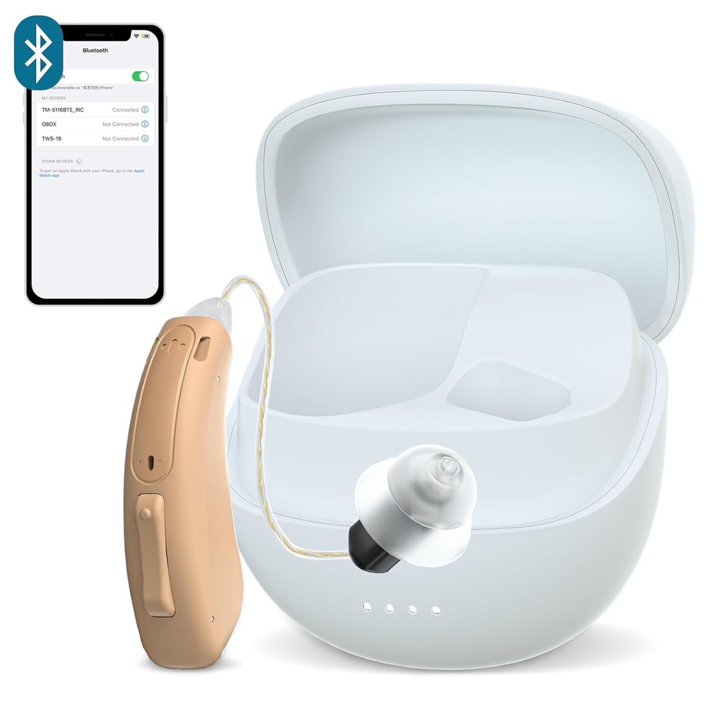 RIC Single Hearing Aid for Seniors ,CUSTOM FIT Digital Over-the-Counter Ricaricabile Tinnitus Masking Premium Hearing Aid Solution for Adults,Nearly Invisible Bluetooth Call Enabled,Auto-On, 1pc Left Side