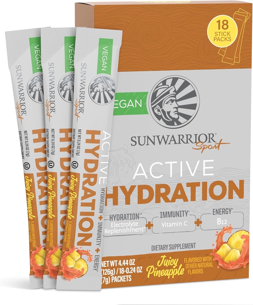 Polvere di idratazione del sole Pacchetti di elettrolita polvere B12 Elderberry | Ananas succosa aromatizzata 18 Stick Packs 126g Pouch | Zucchero vegano e vegetale