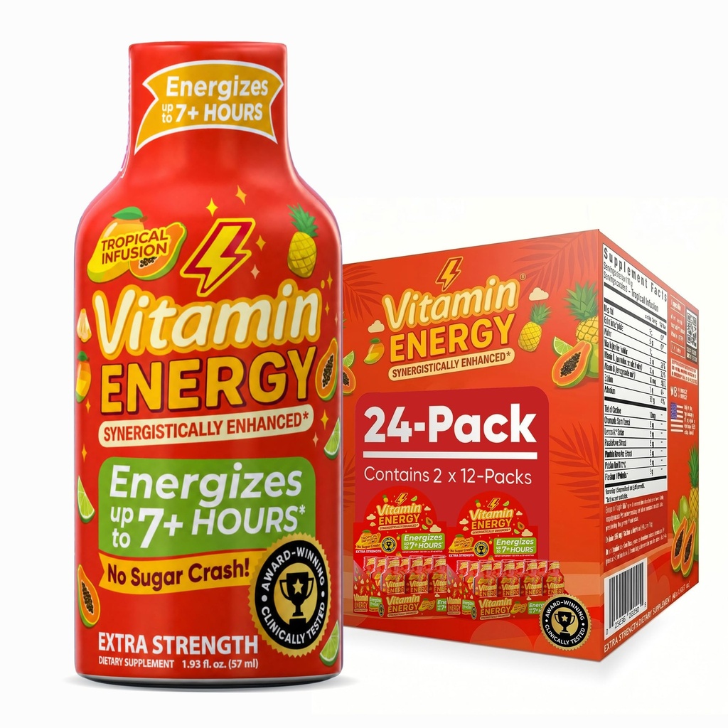 Vitamin Energy Focus+ Extra Strength Energy Shot Tropical Infusion 24 Pack, 260mg Natural Caffeine, B-Vitamins, CoQ10, Aminoacidi, Focus, Produttività & Clarity, Zero Sugar, Gluten-Free, 1.93 fl oz