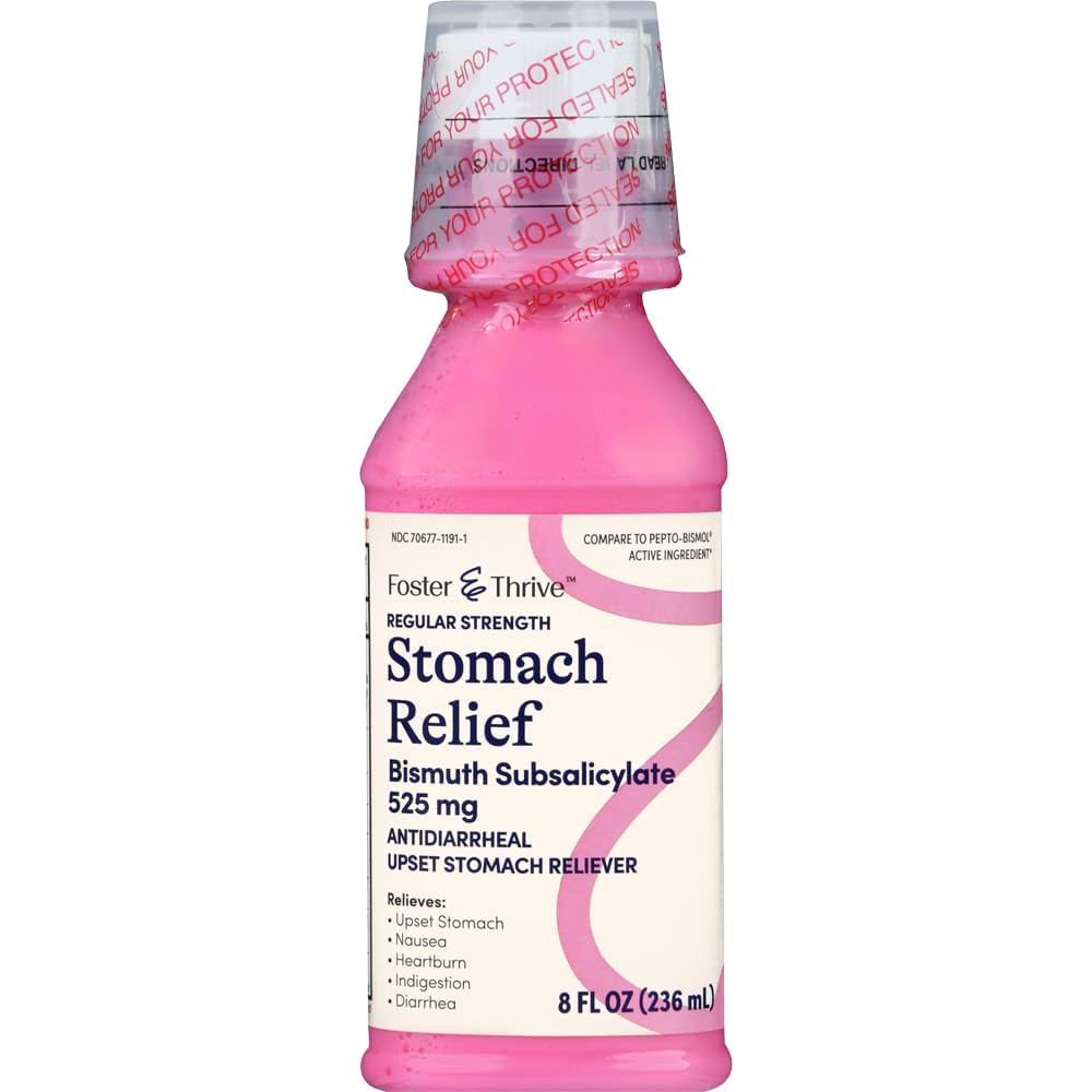 Foster & Thrive Stomach Relief Liquid per Nausea, Heartburn, Indigestion, Upset Stomach, and Diarrhea - Fast Relief per 5 sintomi, Antidiarrheal, Bismuth Subsalicylate 525 mg, Originale, 8 Oz