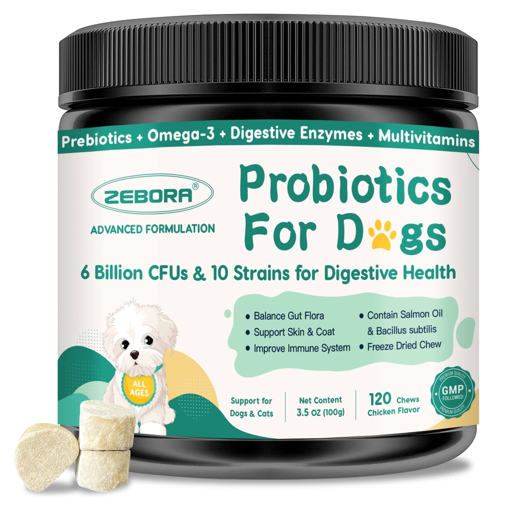 Probiotici per cani Salute digestiva, Probiotici per cani e enzimi digestivi, Prebiotici, Omega-3 & 6 e Vitamina per cani, 6 miliardi di CFU per la salute e il supporto immunitario, 120 Chews