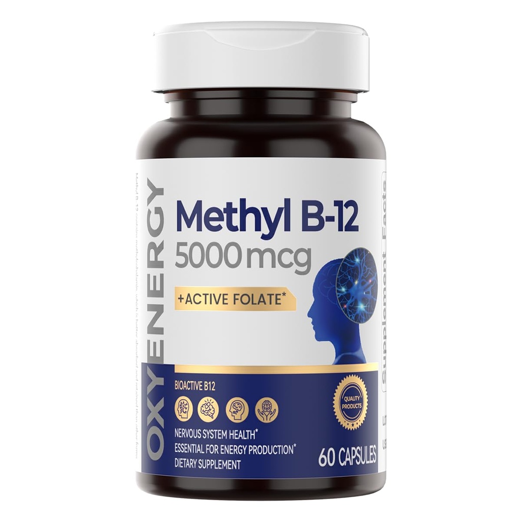 OxyEnergy Methyl Vitamin B12 5000mcg, Methylcobalamin ad alta resistenza B-12 Integratori con Folate, Support Nerves, Metabolismo energetico & Cognitivo,60 Capsule