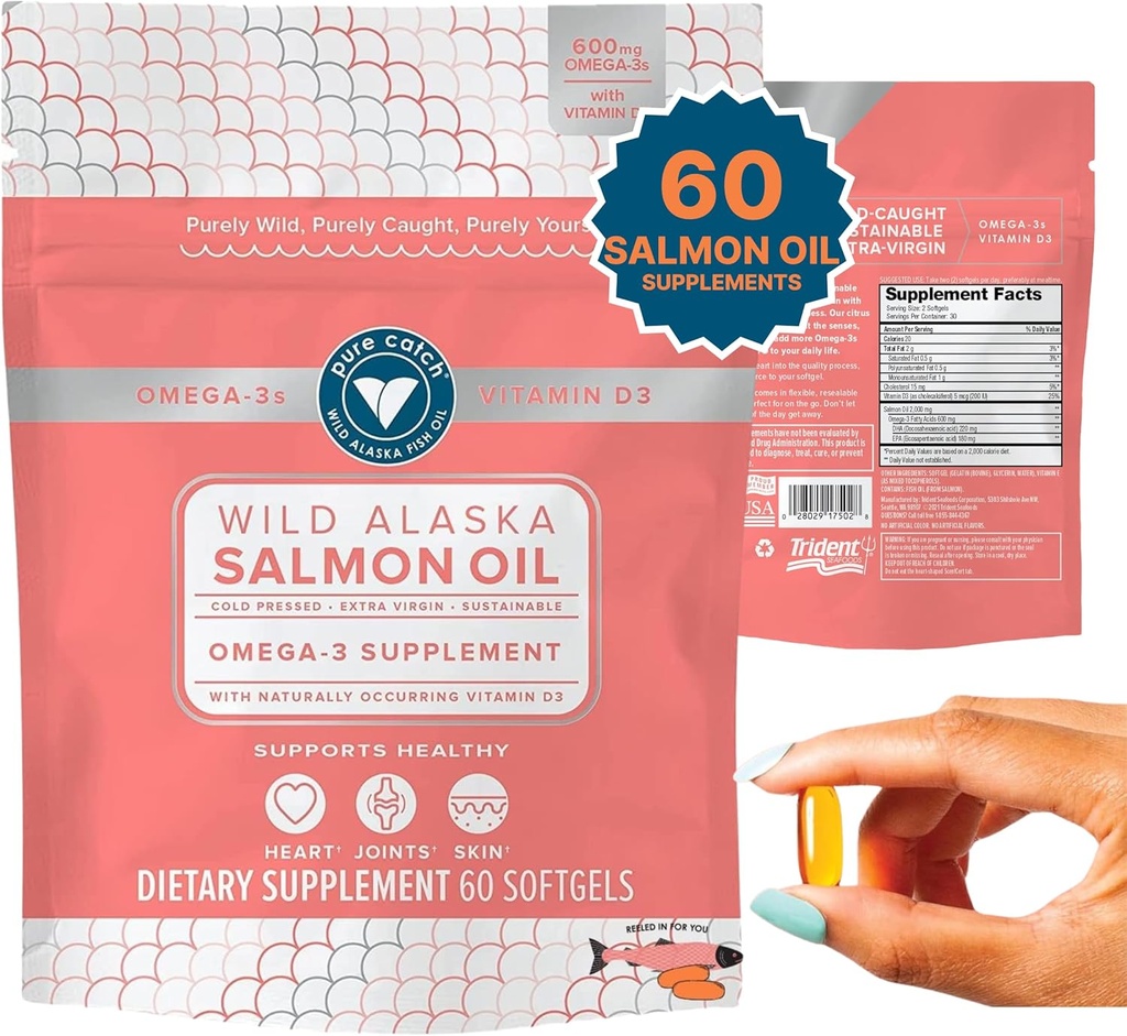 Trident Seafoods Pure Catch Wild Alaskan Fish Oil per le donne + Vitamina D3 - Omega-3 Salmon Fish Oil Supplement - EPA e DHA - 60 Count Daily Citrus Soft Gel - Joint Support, Skin e Heart Health