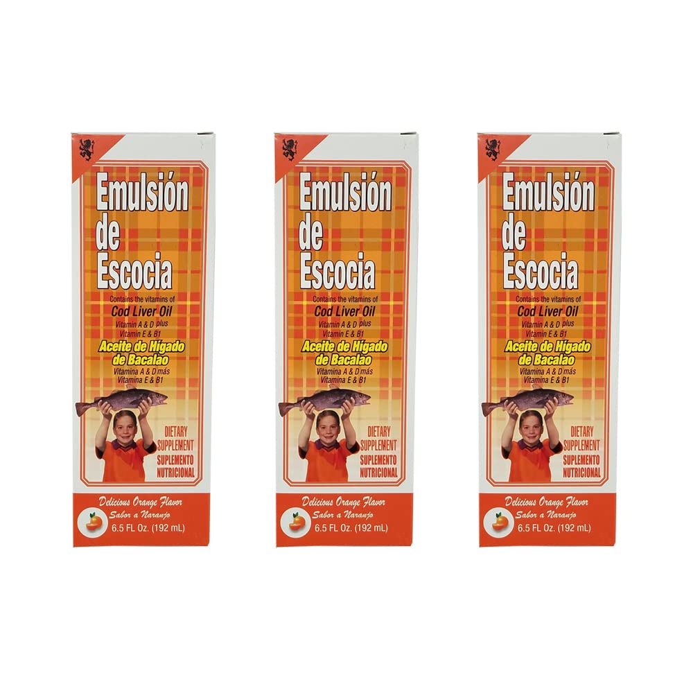 Emulsion de Escocia. Cod Liver Oil Integratore alimentare. Ricco di vitamine A, D, E e B1. Aroma arancione. 6.5 Fl.Oz / 192 mL. Confezione da 3