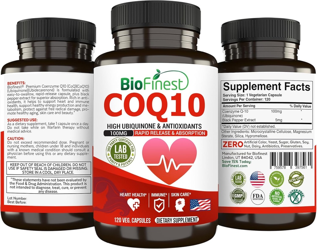 BioFinest CoQ10 Coenzyme Q10 100mg Supplemento - Rapid Release Fast Absorption - Antiossidante Immune per l'energia del cuore (120 caps)