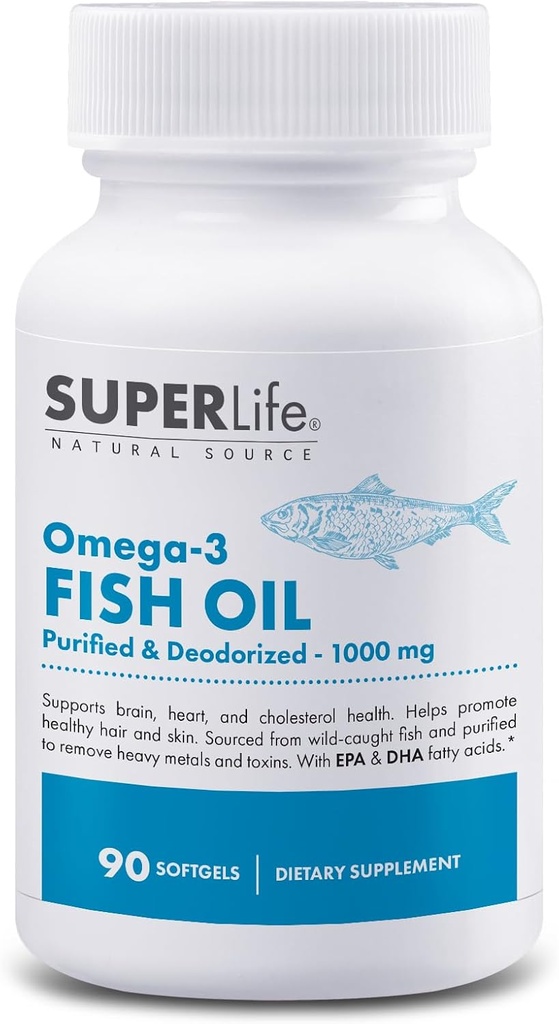 Omega-3 Fish Oil - 1000 mg Purified & Deodorized da Wild Caught Fish con acidi grassi EPA & DHA | Supporta cuore, cervello, capelli e salute della pelle | Supplemento - 90 Softgels