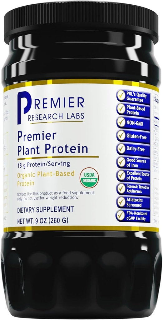 Premier Research Labs Plant Protein - Vegan Plant Based Pea Protein Powder, Organic, Dairy Free, Gluten Free, No Artificial Flavors, Vegetariano, Contiene Pumpkin e proteina di riso - 9 Oz