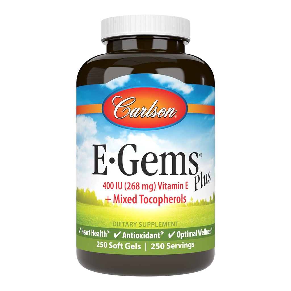 Carlson - E-Gems Plus, Vitamina E 400 IU naturale, Supporta un cuore sano, 250 gel morbidi