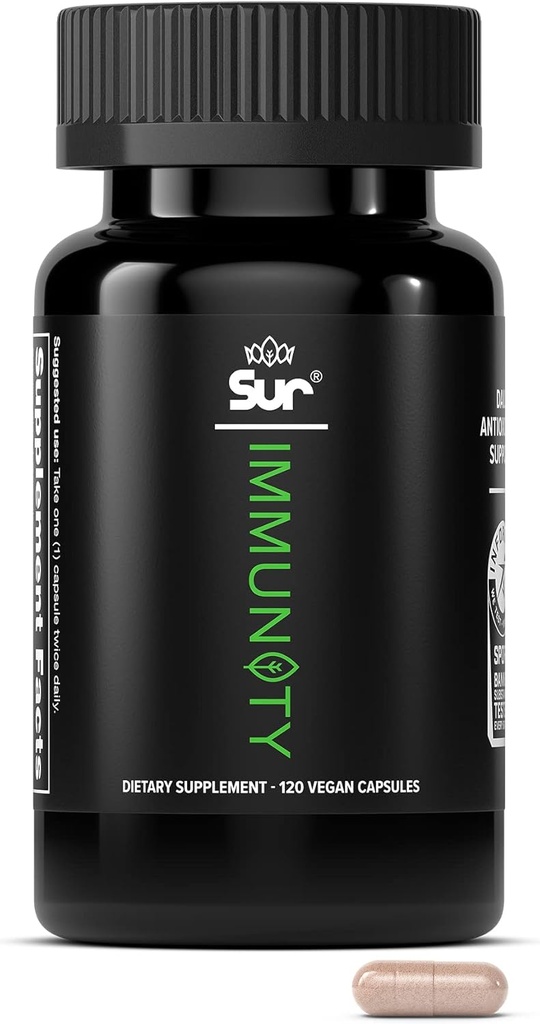 Supplemento di supporto Immune Sur Immunity con vitamina C, Ciliegia Acerola, Estratto di tè verde e curcuma - Regime benessere di difesa ottimale, miscela antiossidante & integratore di polifenolo vegano (120 capsule)