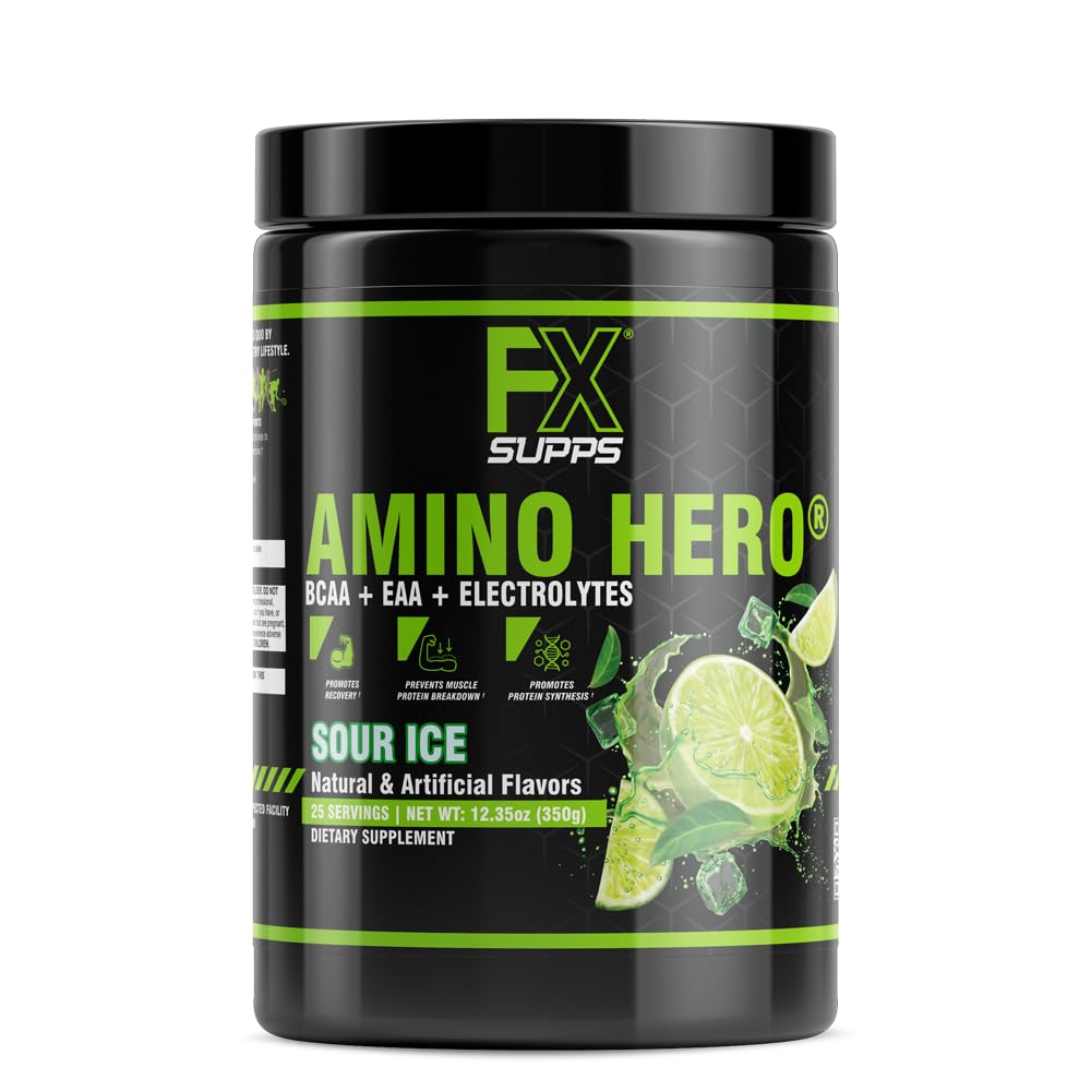 FXSUPPS Amino Hero Sour Ice Flavor (25 Serve) | Post-Workout Recovery Drink for Men and Women | Energy Powder Mix with BCAA, EAA, and Electrolytes | Promuove la resistenza e i muscoli sani - 1 confezione