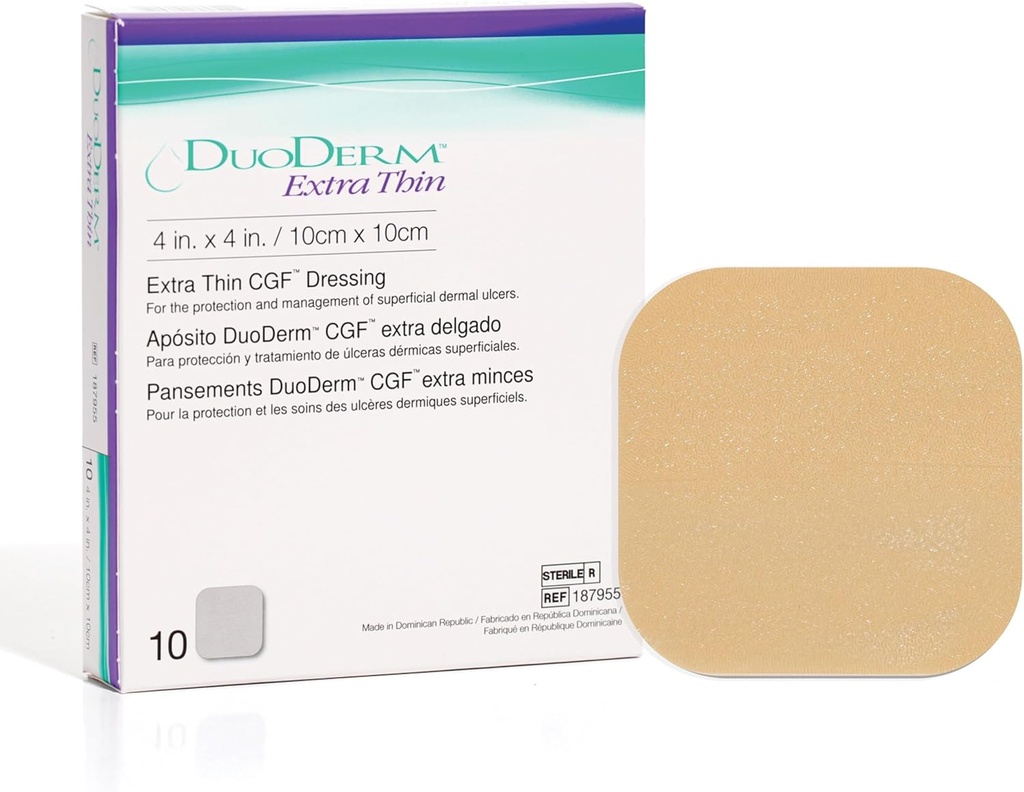 ConvaTec DuoDERM Extra Thin Control Gel Formula 4"x4" Hydrocolloid Sterile Adhesive Dressing for Superficial Wounds, Low Friction, Latex-Free, Impermeabile, Quadrato, Beige, 10ct Box