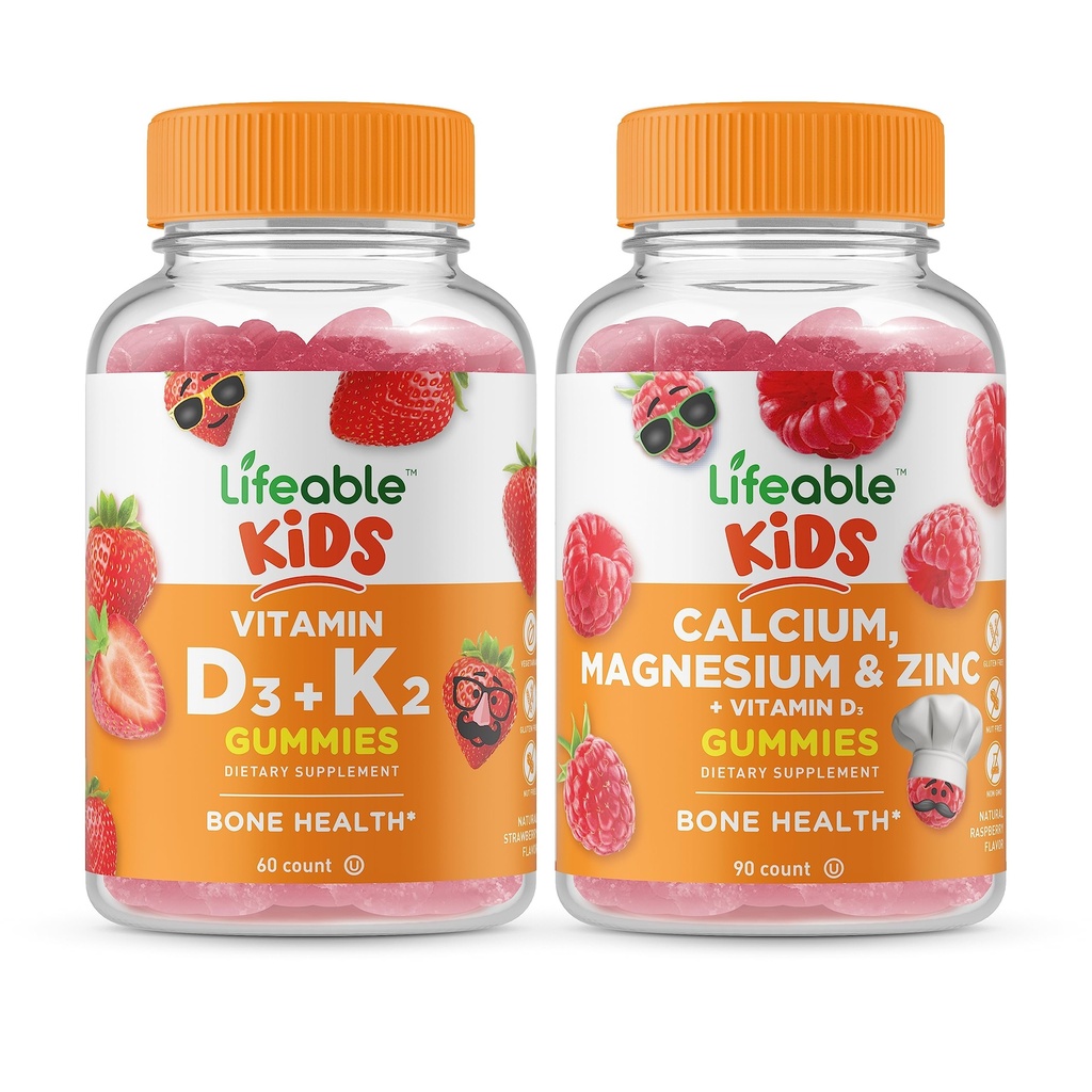 Vitamina vitale D3 + Vitamina K2 Bambini + Calcio Magnesio & Zinc Kids, Gummies Bundle - Grande Degustazione, Integratore di vitamina, Senza glutine, OGM Free, Gummy masticabile