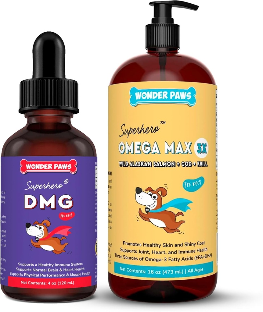 WONDER PAWS Premium DMG Liquid Plus Omega Max Fish Oil - per Dog's Immune Support, Skin, Allergies, Joint Care & Overall Health – DMG 4 once - Omega Max 16 once