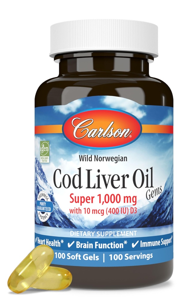 Carlson - Cod Liver Oil, Super 1000 mg + Vitamine A & D3, Wild Norwegian, Sustainably Sourced, 100 Softgels