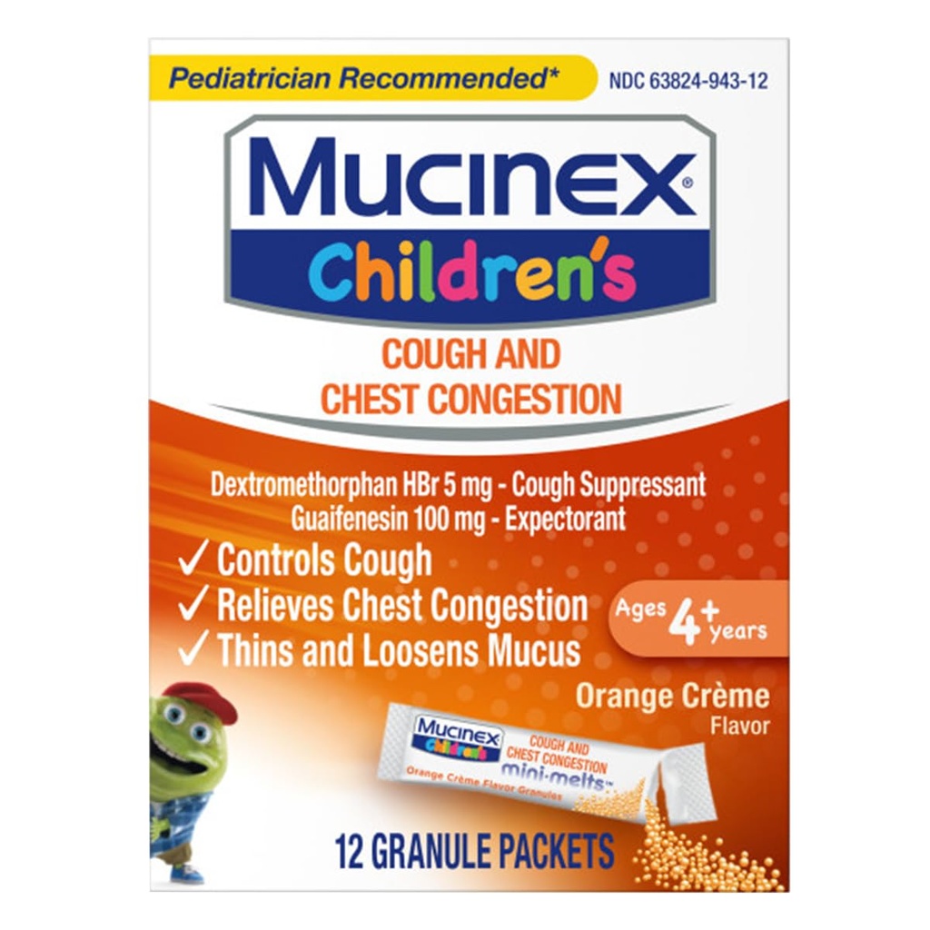 Mucinex per bambini Chest Congestion Expectorant e Cough Suppressant Mini-Melts, Crema Arancione, 12 Conte (Packaging May Vary)