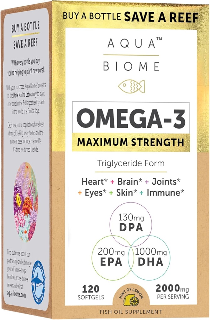 Olio di pesce ad alta potenza, EPA DHA Omega 3 Supplemento | Burpless, 120 Softgels