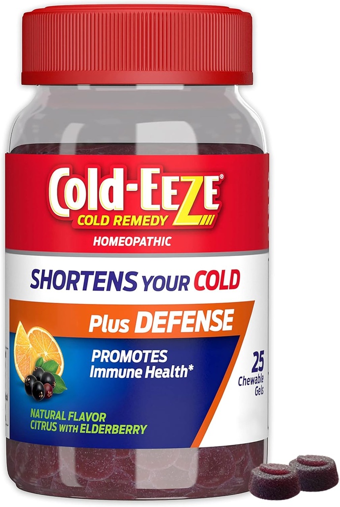 Cold-EEZE Plus Defense Citrus naturali & Elderberry Zinc Chewable Gels, Omeopatici Cold Remedy, Shortens Common Cold Symptoms, promuove la salute immunitaria con Sambucus Nigra, Echinacea & Rose Hips, 25 Ct