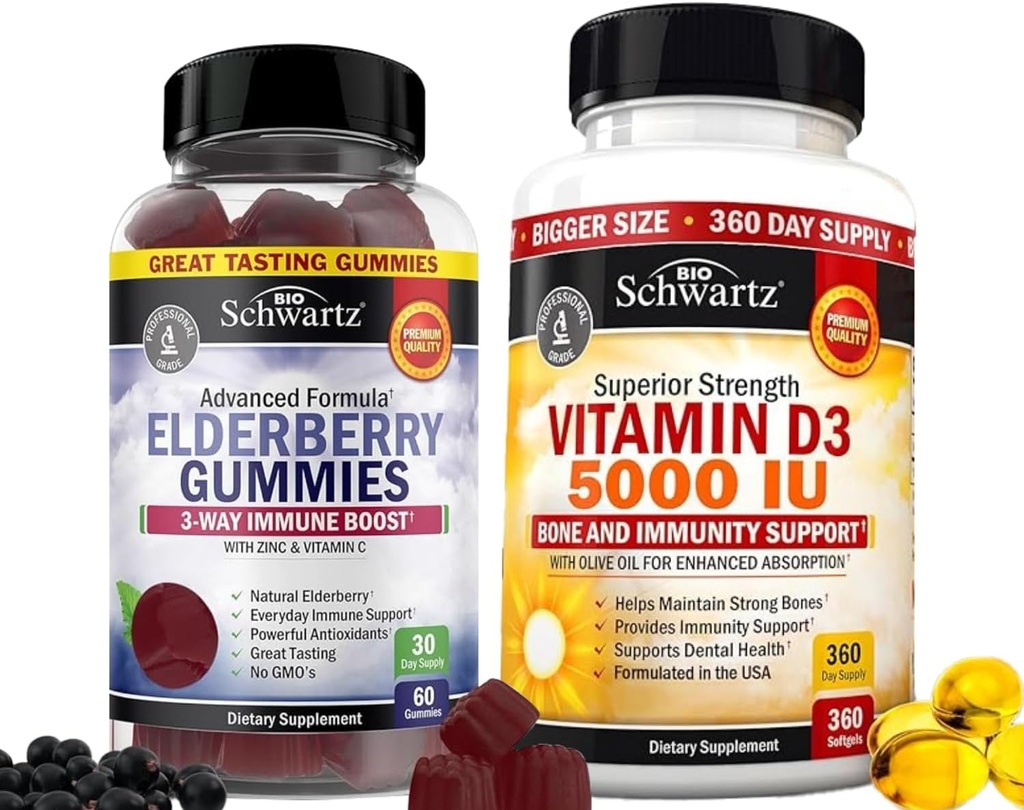 BioSchwartz Elderberry Gummies con Zinco e Vitamina C per Adulti Supporto Immune (1 Mese di Alimentazione) Plus Vitamina D3 5000 IU 125 mcg (1 Anno di Alimentazione)