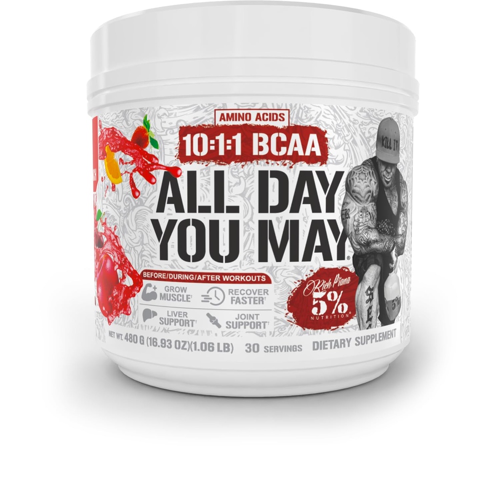 5% Nutrition Rich Piana AllDayYouMay BCAA Powder | Premium Intra & Post Workout Aminoacidi, Idratazione, Endurance, recupero del muscolo, Joint & Liver Support | 16.93 oz, 30 Serve (Fruit Punch)