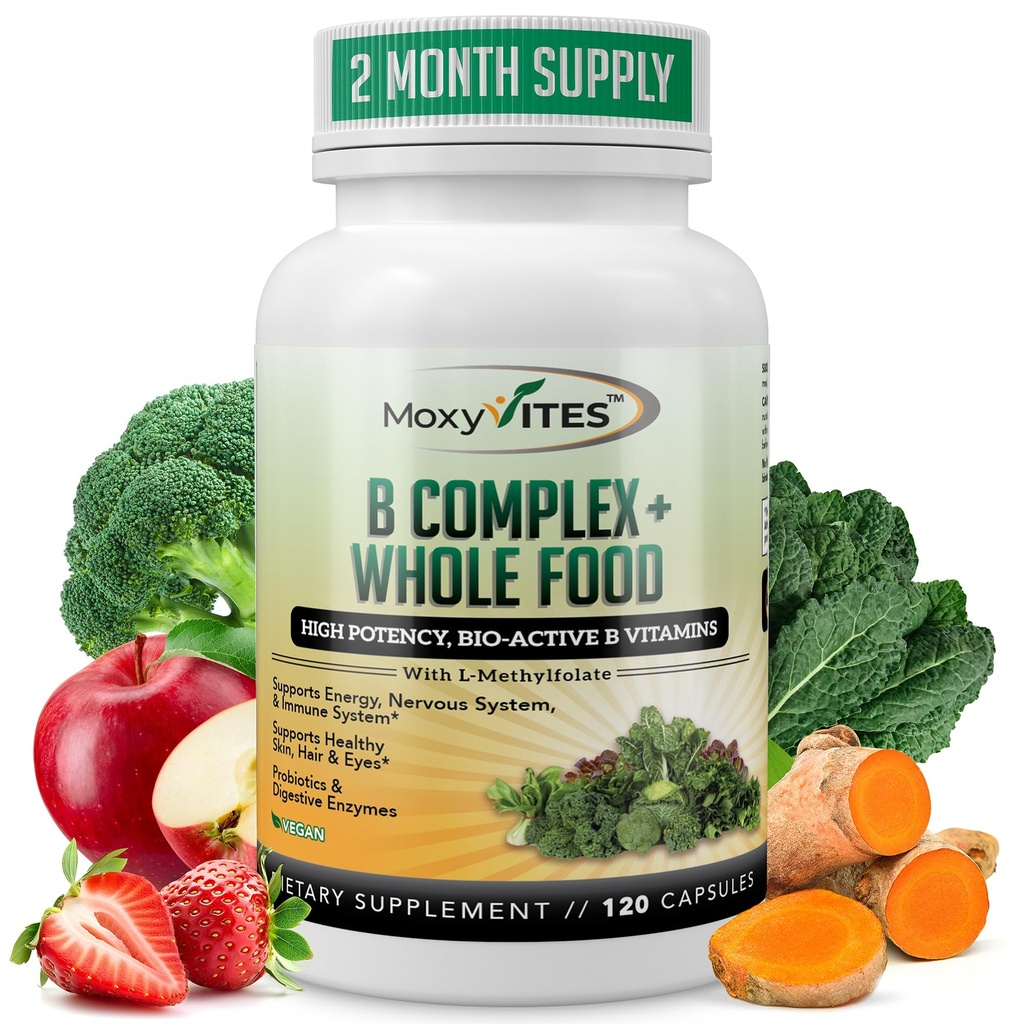 MoxyVites Vitamina B Complex - B Vitamine Integratore Alimentare Intero, B12 Methylcobalamin, B1, B2, B3, B5, B6, B7, B9 - per Stress, Energy and Immune Support, Vegan, 120 Capsule