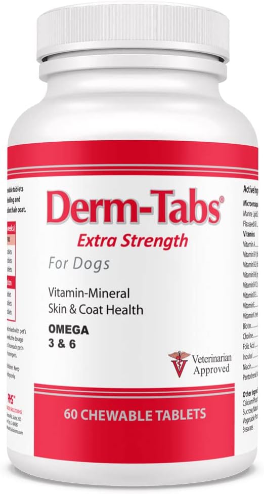 Derm Tabs Extra Forza per Cani - Olio Naturale, Vitamine, Minerali e Antiossidanti - Sostenere la pelle sana e ridurre il taglio -60 compresse masticabili