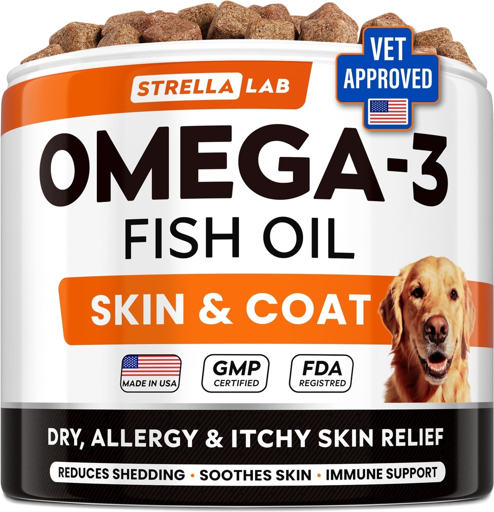 StrellaLab Omega 3 per cani - (180Ct) Trattamenti di olio di pesce - Allergy & Itch Relief Skin & Coat Supplement - pelle di prurito secca, Anti Shedding & Hot Spots Trattamento - Pet Salmon olio Chews - Pollo Flavor