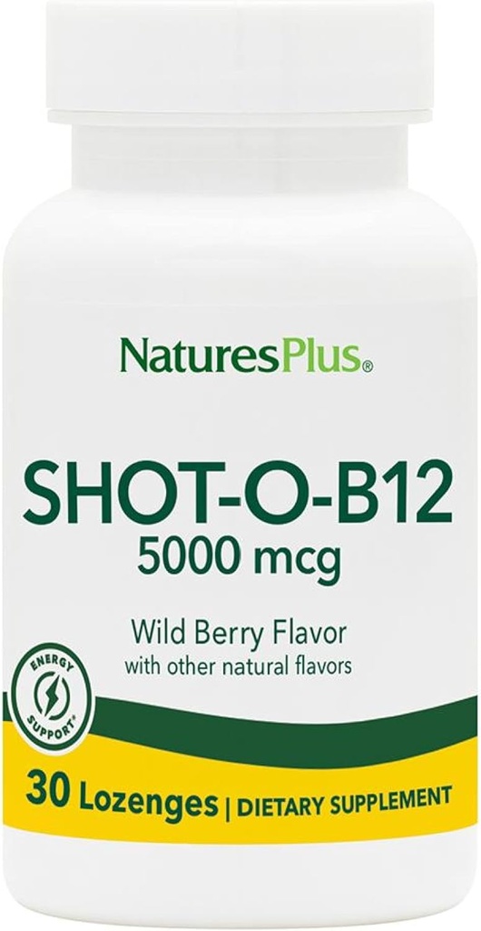 NaturesPlus Shot-O-B12-30 Lozenges, Wild Berry Flavor - 5000 mcg - Vegan, Gluten Free - 30 Serve