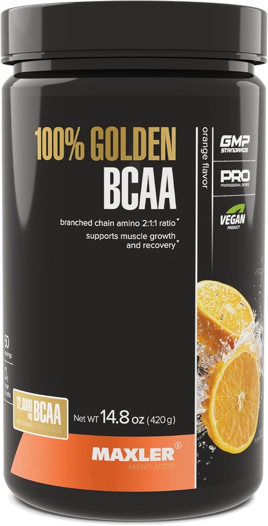 Maxler 100% Golden BCAA Polvere - Intra & Post Workout Recovery Drink per Accelerated Muscle Recovery & Magra Muscle Growth - 6 g Vegan BCAAs Aminoacidi - 60 Servings - Arancione