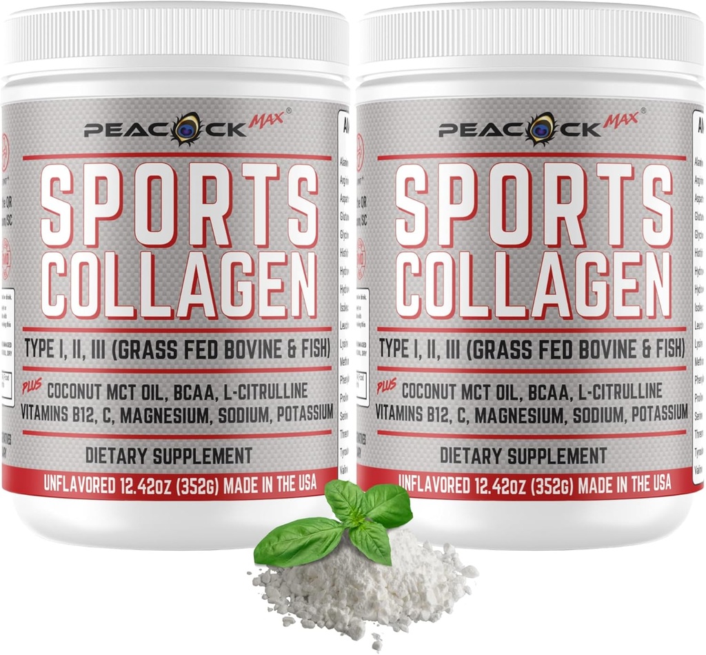 Polvere di collagene sportivo, 12.42 oz, Confezione da 2 - Grass Fed Bovine & Wild Fish Hydrolyzed Tipo I, II, III Peptidi Multi Collagen, Polvere proteica non aromatizzata con BCAA, Magnesium & Electrolytes