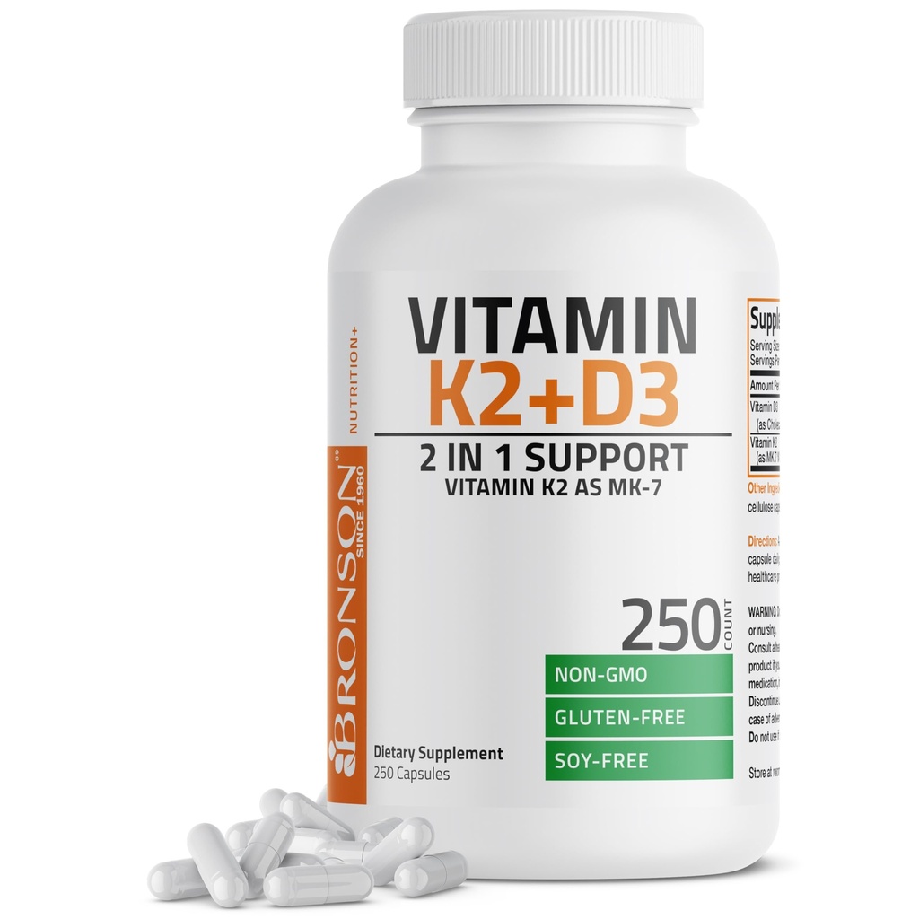 Bronson Vitamin K2 (MK7) con D3 Supplemento Non OGM Formula 5000 IU Vitamin D3 & 90 mcg K2 MK-7 Facile da ingoiare D & K Complex, 250 capsule