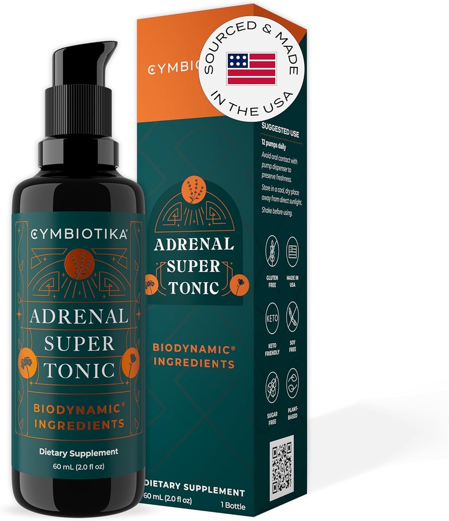 CYMBIOTIKA Integratore adrenale Super Tonico Liquido con Ashwagandha, Zinco, Lavanda, Santo Basilio, per Supporto Immune & Relax, Gluten Free, Vegan, Keto, Berry, 2 fl oz