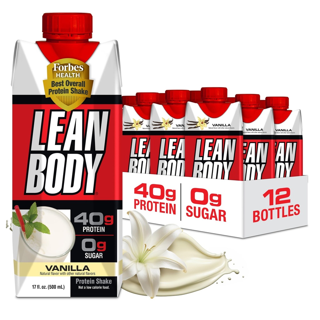 Lean Body Ready-to-Drink Vanilla Protein Shake, 40g Protein, Whey Blend, 0 Sugar, Gluten Free, 22 Vitamine & Minerali, 17 Fl Oz (Pack of 12) LABRADA