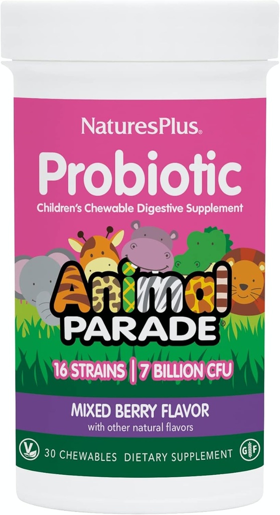 NaturesPlus Animal Parade Probiotico, Bacca Mista - 30 Masticabili - Supplemento Digestione Bambini - Supporta la Salute e la Funzione Immune - Vegan, Gluten Free - 30 Serve