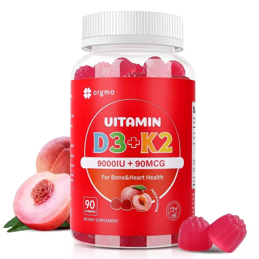Vitamina D3 K2 Gummies - 90 Conte Zucchero Vitamina D3 9000 UI + K2(MK-7) 90 mcg per Bone & Immune Salute, Vegan Chewable K2 D3 Vitamina Supplemento per gli uomini delle donne (Peach Flavor)