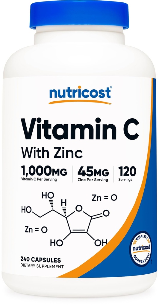 Vitamina C Nutricost con capsule di zinco, 120 Serve - 1000mg, zinco 45mg, non OGM, integratore di vitamina C senza glutine