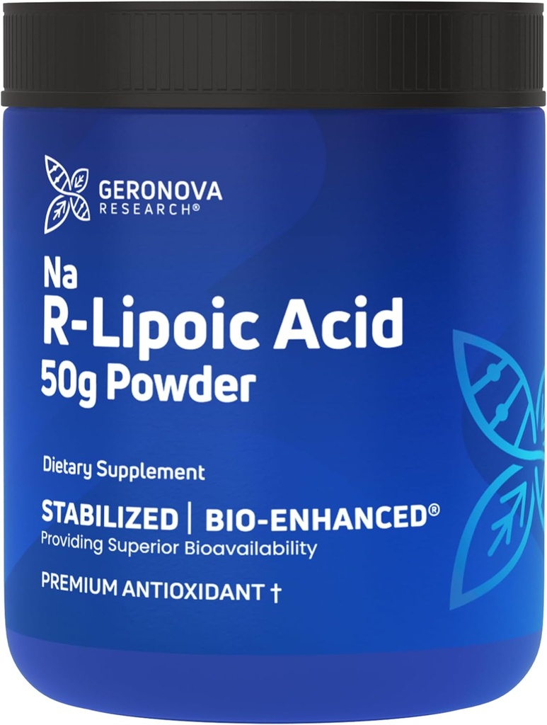 Polvere dell'acido R-Lipoico di ricerca di Geronova, 50g - 4 mesi di alimentazione - Polvere dell'acido lipoico alfa stabilizzata R per dosaggio flessibile - Integratore di supporto di miscelazione e di assorbimento facile