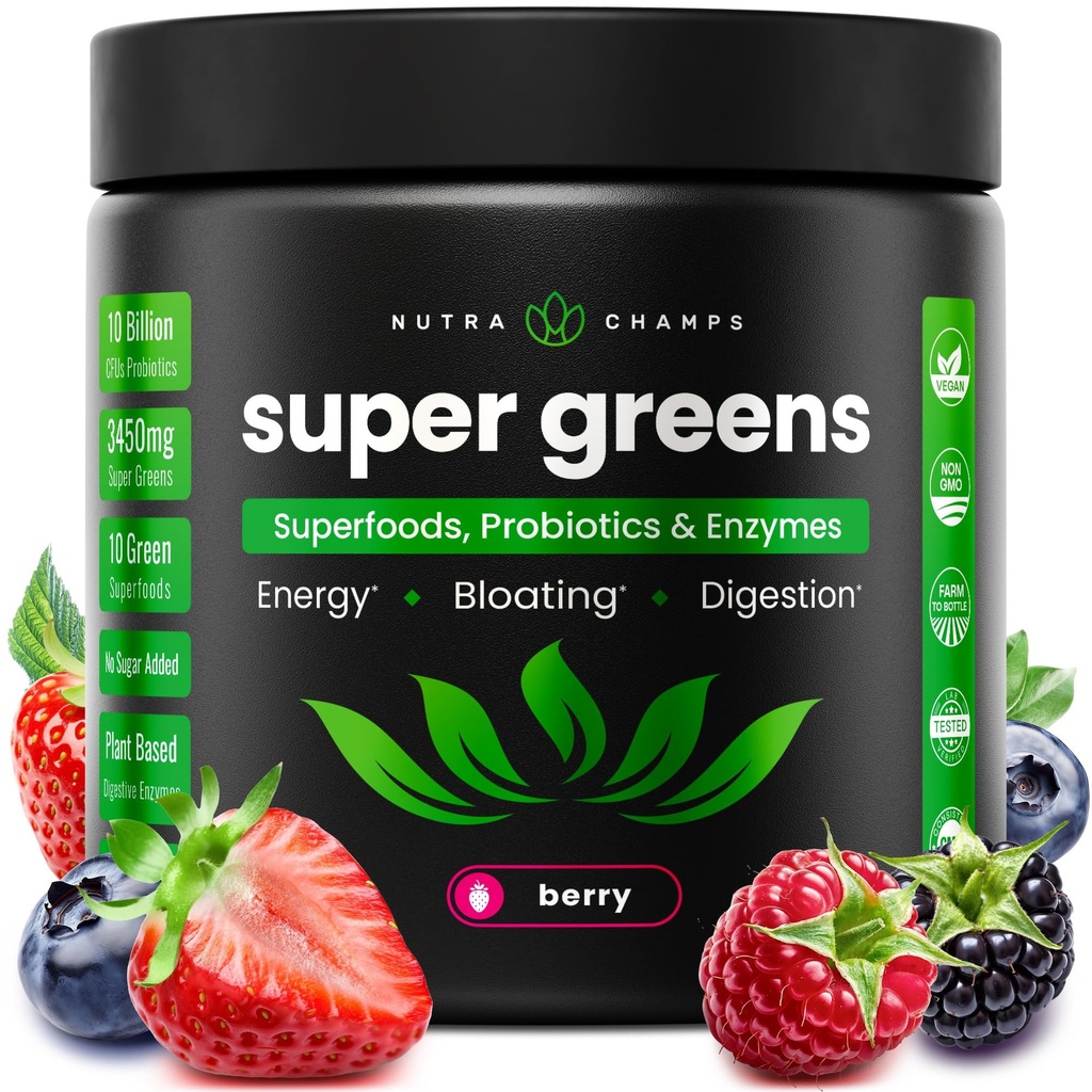 SuperGreens Powder, 40+ Superfood organici, Probiotici e enzimi per l'energia, la digestione, la salute e la Bloating | Miscela di frutta e verdura biologica, Miscela di Smoothie di succo verde giornaliero, Spinach, Noni Plus