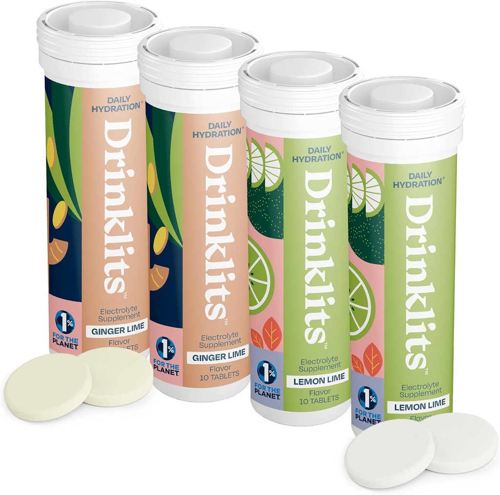 Bevande Ginger-Lime & Lemon-Lime Electrolyte Tablets (4) Bundle Tube | Pacchetto Combo di idratazione giornaliero | Grande gusto – 0g Zucchero – Bevanda sportiva naturale | 40 Serve - 10 compresse per tubo