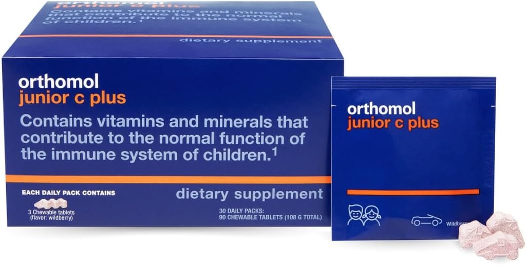 Orthomol Immun Junior C Plus, Multivitamin del bambino, aroma di mirtillo, alimentazione di 30 giorni