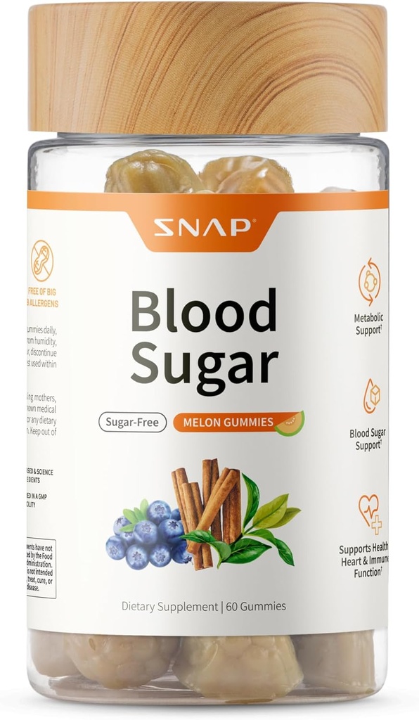 Integratori di sangue Zucchero Gummies, Supporta livelli di zucchero nel sangue sano e Metabolismo dello zucchero, Chewable Blood Sugar Blend, Cinnamon Bark e Blueberry Fruit Extract, Natural Melon Flavor, 60 Gummies