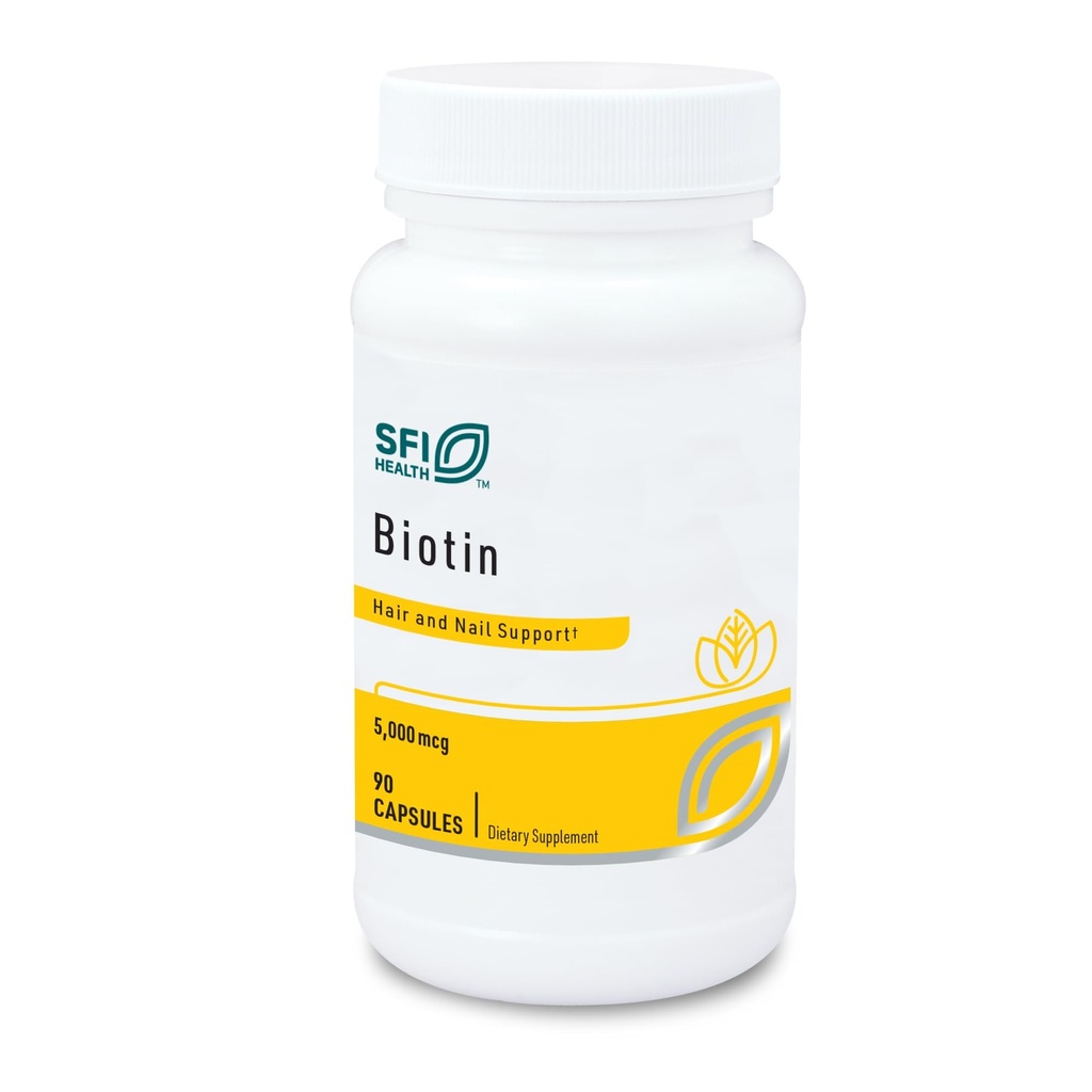 Klaire Labs SFI Health 5000mcg Pillole Biotina - Integratore Biotina ad alta potenza - Vitamina Coinvolta in Skin & Hair Nutrition - Corn-Free, Pillole anallergiche piccole, facili da pulire (90 Caps)