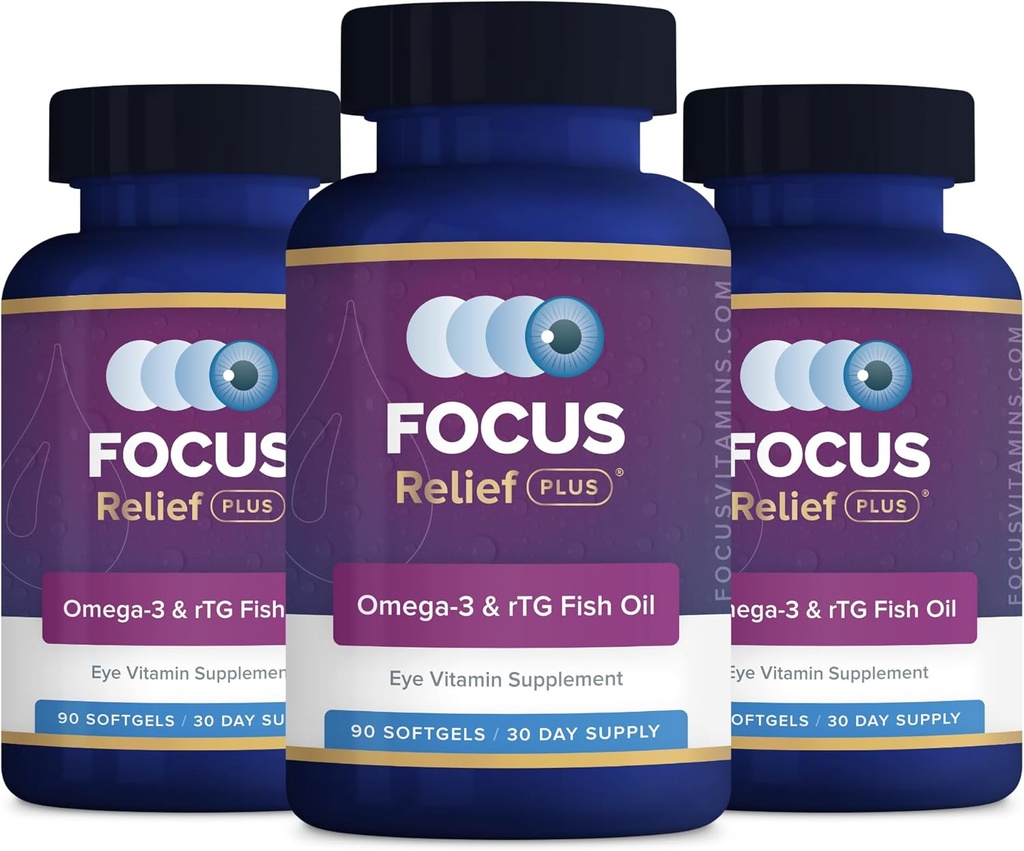 Focus Relief Plus Dry Eye Formula (270 ct. 90 Day Supply) Dry Eye Omega 3 Supplemento - Dry Eye Relief Supplement - Omega 3 Fish Oil for Dry Eye