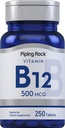 Piping Rock Vitamin B12 | 500 mcg | 250 compresse | Supplemento per le donne e gli uomini | come Cyanocobalamin | Vegetariano, Non OGM, Gluten Free